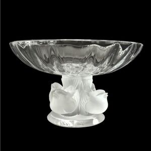 1966 SIGNED LALIQUE FRANCE NOGENT PEDESTAL BOWL w/ 4 FROSTED BIRDS MARC LALIQUE